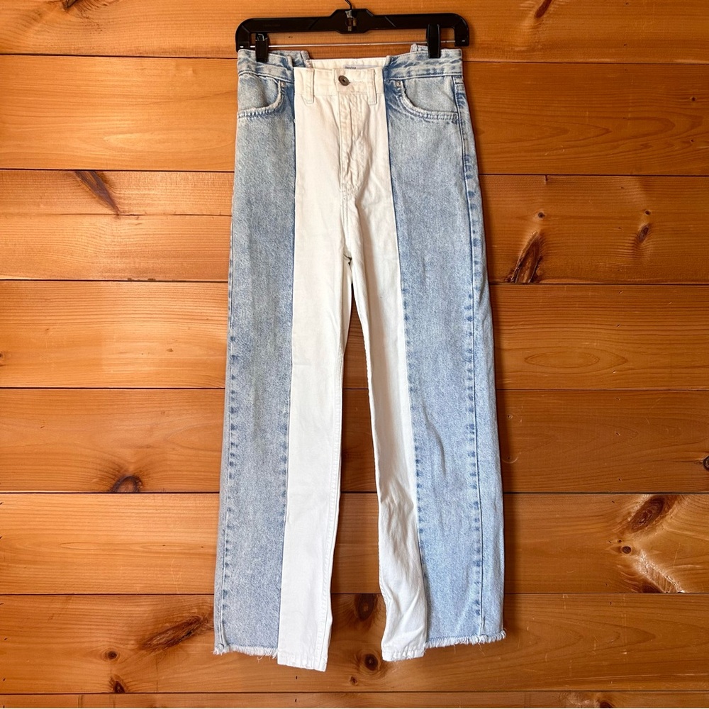Bershka Blue and White Straight Leg Jeans